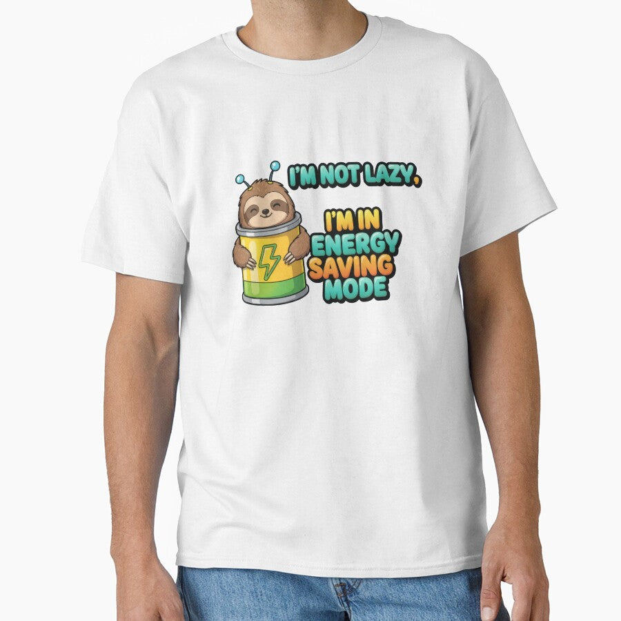 Happy cartoon sloth in battery has funny quote about not being lazy, but in energy saving mode by Jdee23