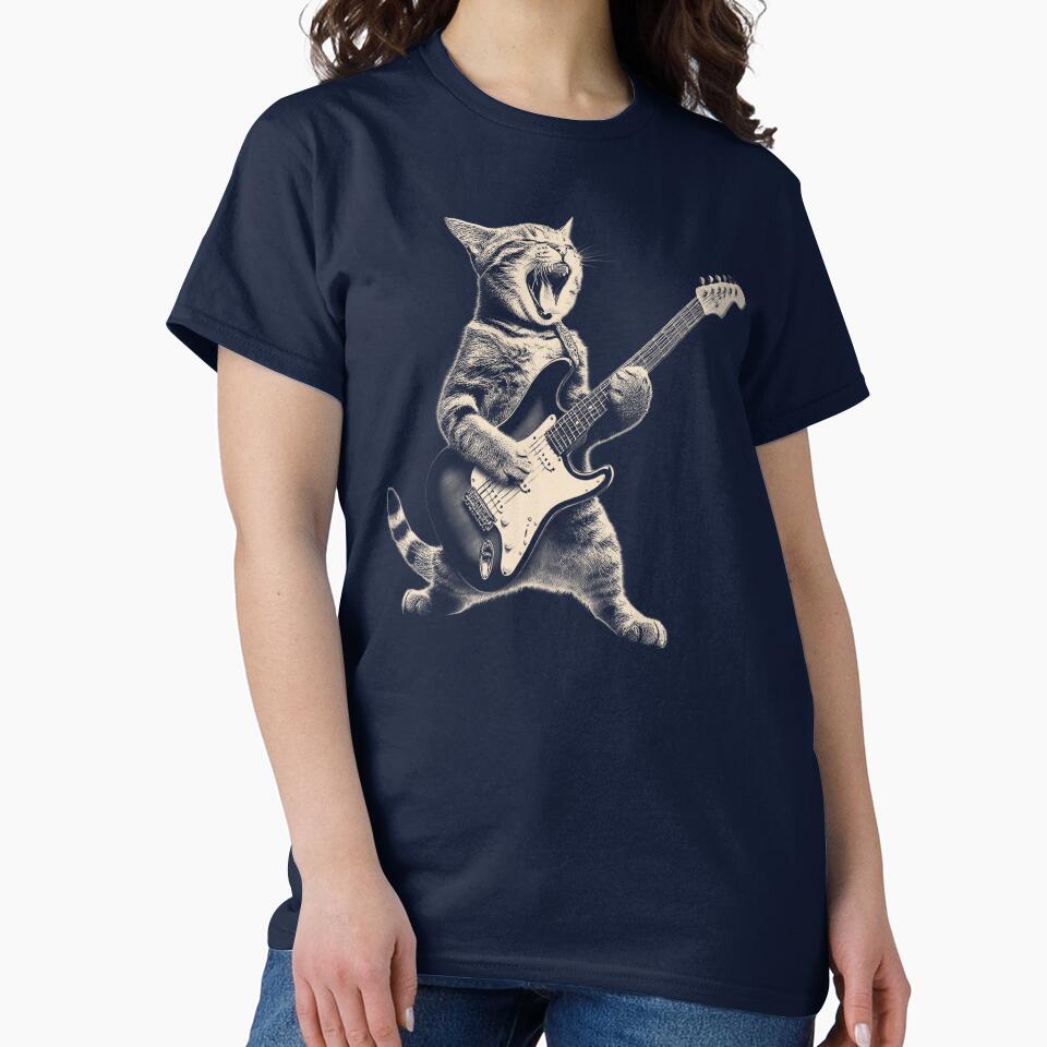 Rock Cat Playing Guitar Shirt,A Funny Guitar Cat , by chipmuckdesignn Unisex , , , Long Sleeve Tee