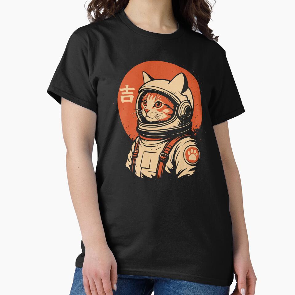 Space Cat Retro Japanese 1950s Art Good Luck by alenaz Unisex , , , Long Sleeve Tee