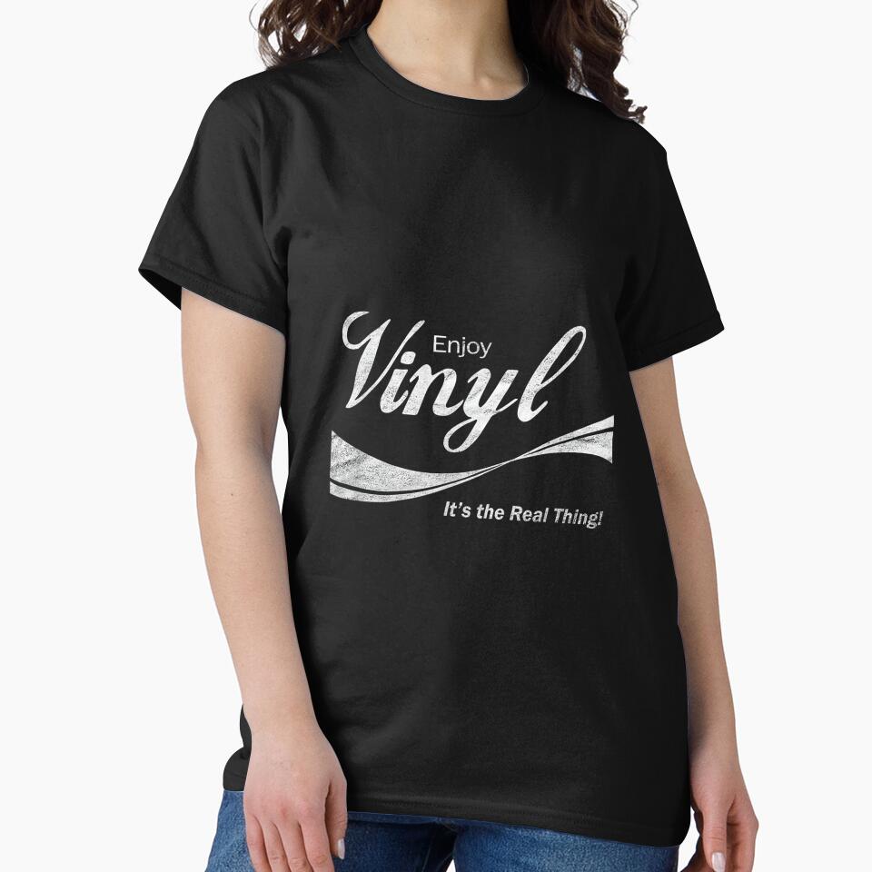 Enjoy Vinyl T-Shirt - It's the Real Thing! - Black - Unisex-Adults - Small - Classic Fit - Retro - Short Sleeve - Collarless - Round Neck - Solid Black - 100% Cotton by AlanYYoder