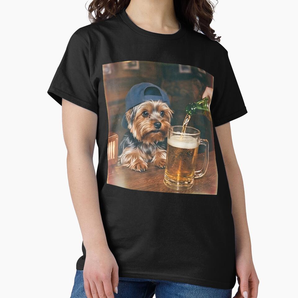 Dog drinking beer Bar Vintage Yorkie Men Women by MTRBSK11 Unisex , , , Long Sleeve Tee