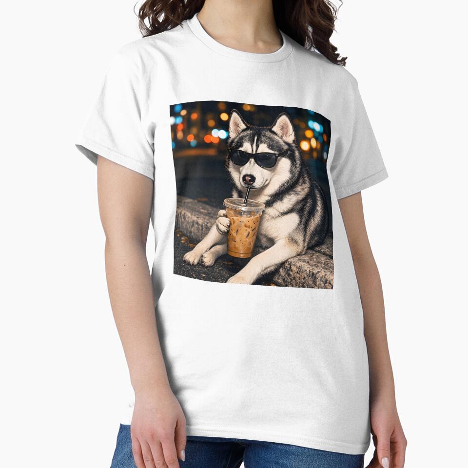 Funny Husky Drinking Iced Coffee by Necesario88 Unisex , , , Long Sleeve Tee