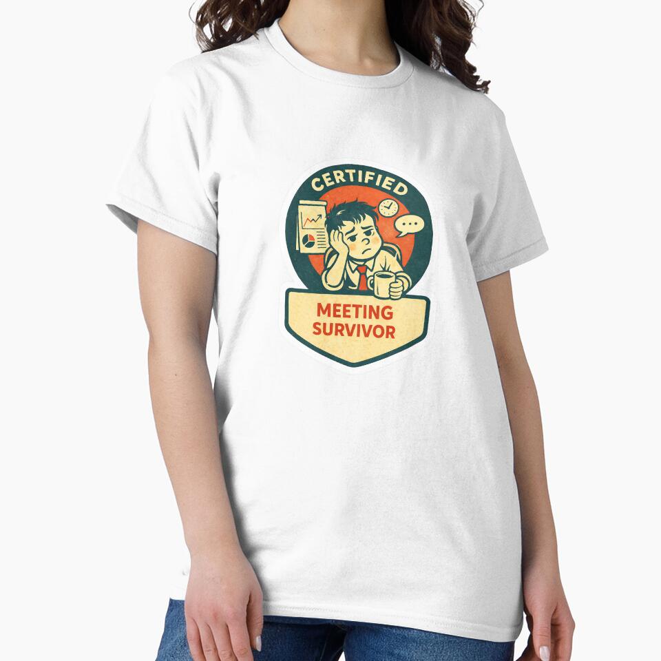 A retro-style “Certified Meeting Survivor” sticker featuring a tired office worker clutching a cup of coffee while enduring another endless meeting. by PIXEL POP DESIGNS - Beyond the Norm!