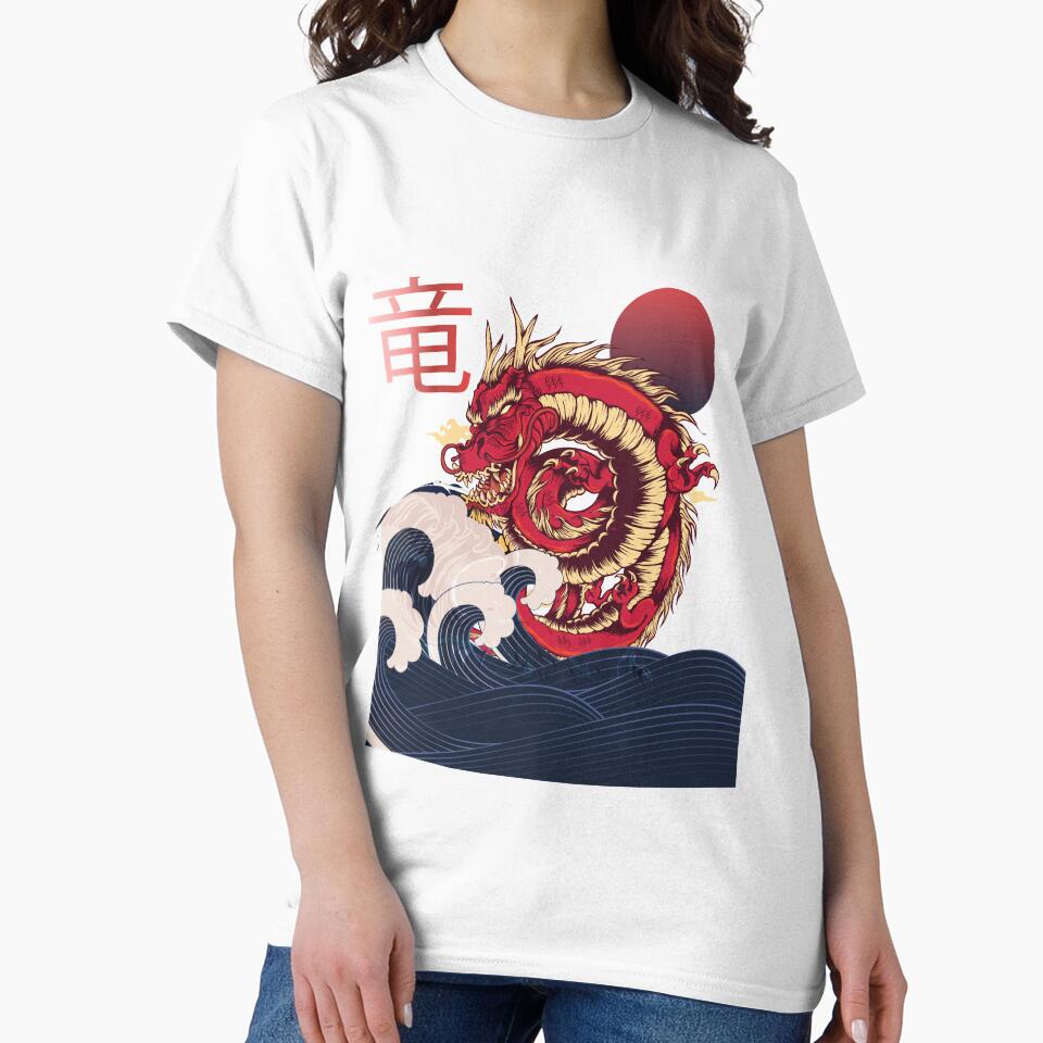 Japanese Anime Wave, Dragon and sun design by Cheeky Companions Unisex , , , Long Sleeve Tee