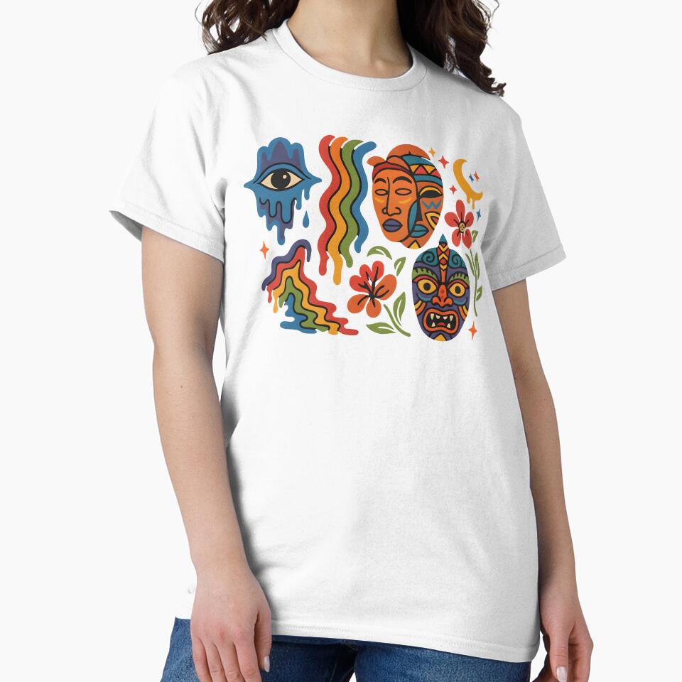 Psychedelic Tribal-Inspired Mask Shirt – Abstract Boho Art T-Shirt with Trippy Eye & Colorful Waves by StyleLabStudios