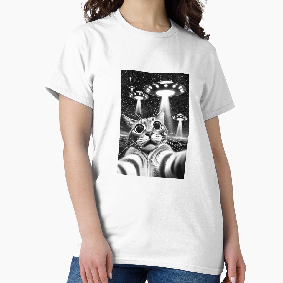 Cat UFO Funny Invasion Meme Retro Alien Cat UFO Selfie by SubStudio97 Unisex , , , Long Sleeve Tee