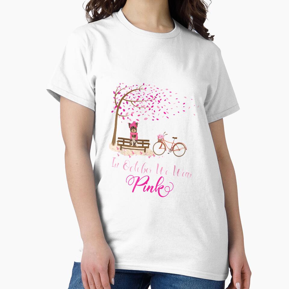 In October We Wear Pink Chihuahua Fall Leaves Breast Cancer T shirt by qrduubp320 Unisex , , , Long Sleeve Tee