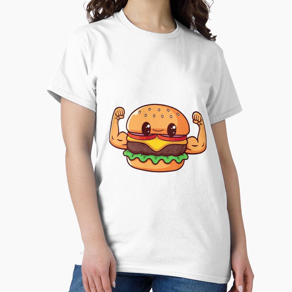 Burger Bicep Flex Funny Chibi Food Workout Design by ColorSplash123 Unisex , , , Long Sleeve Tee
