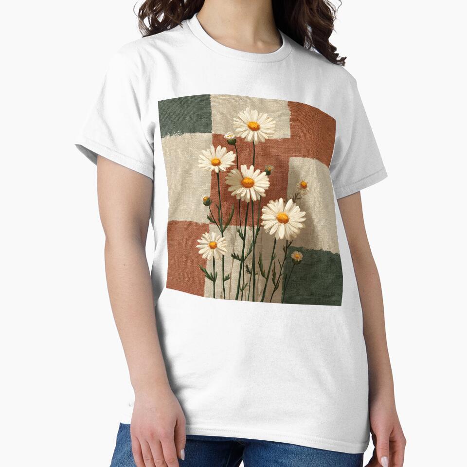 White Daisy on Earth Tone Patchwork Background Neutral Floral Design by daila70