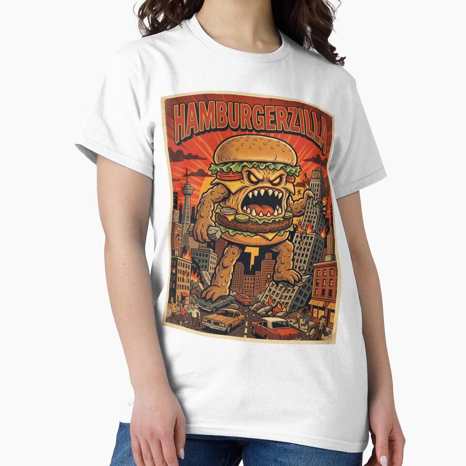 Hamburgerzilla Retro Monster Art Funny Giant Burger Destroying City by d247 Unisex , , , Long Sleeve Tee