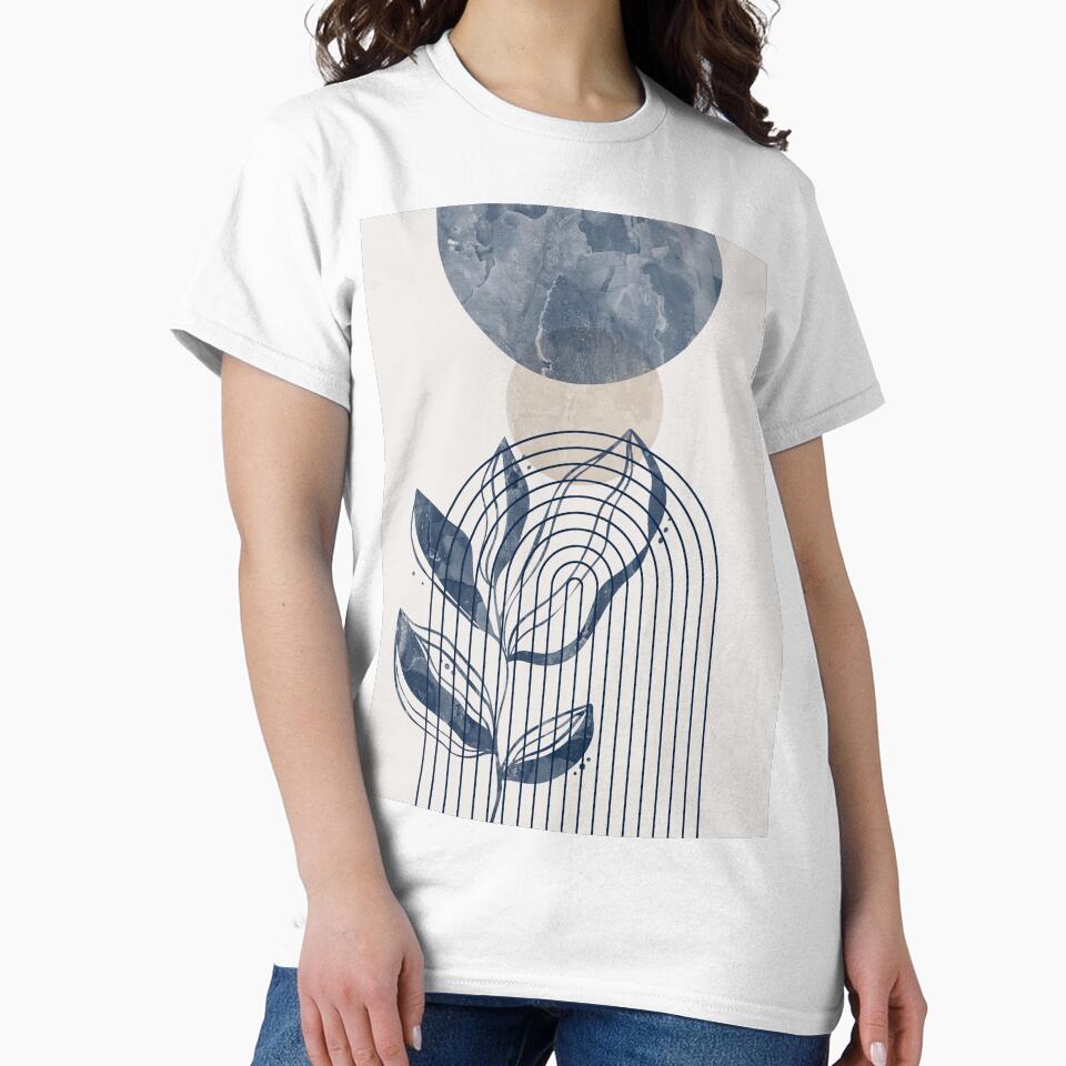 Mid-century modern botanical, lines and shapes in blue and beige by ArticraftShop