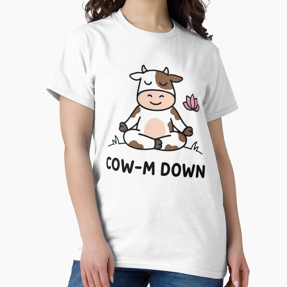 Cow-M Down – Funny Yoga Cow Pun | Cute Meditation Cow Cartoon by aiqdelicia