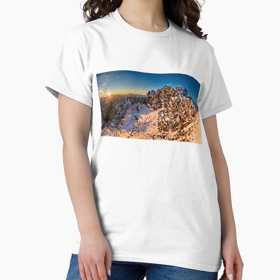 Pixelated Snowy Mountain Sunrise Scene by Potato Quality Prints Unisex , , , Long Sleeve Tee