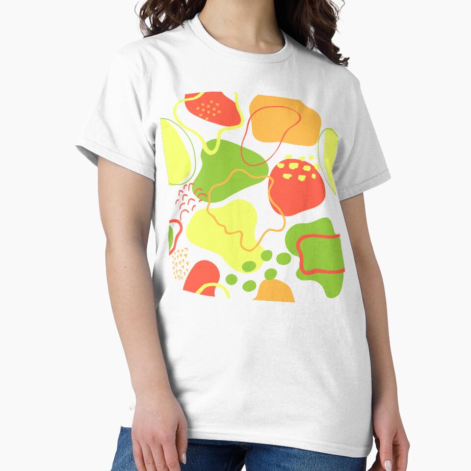 Mid century abstract shapes pattern (pastel red, orange, yellow and green on white background) by Chinxi