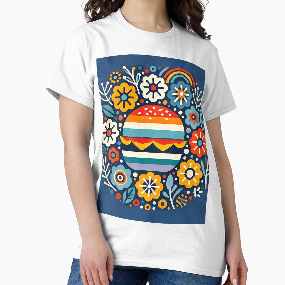 Scandinavian Folk Art Vibrant Burger and Folk Flowers by heidiannemorris © by FOLK ART FUSION by heidiannemorris