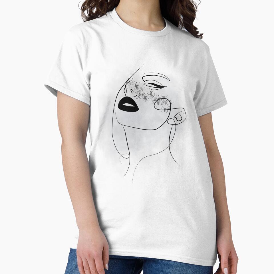Abstract Line Art Woman with Freckles | Minimalist Black Lips Aesthetic by Hannah-Yei