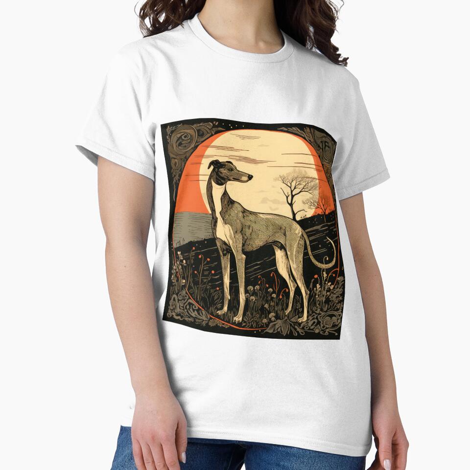 standing whippet dog in romantic vintage woodcut style by WallyPink Unisex , , , Long Sleeve Tee