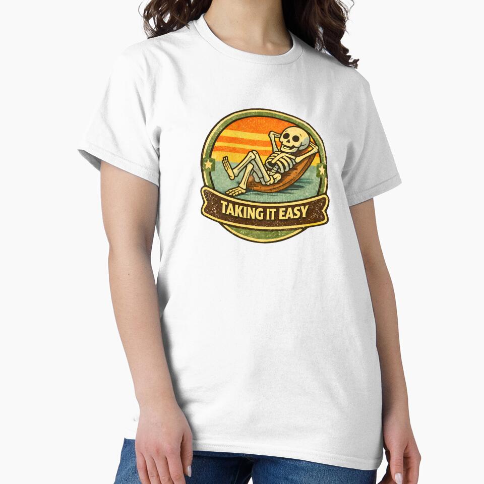 Taking It Easy – Relaxed Skeleton Vintage Cartoon Badge by WorkXPlay Unisex , , , Long Sleeve Tee