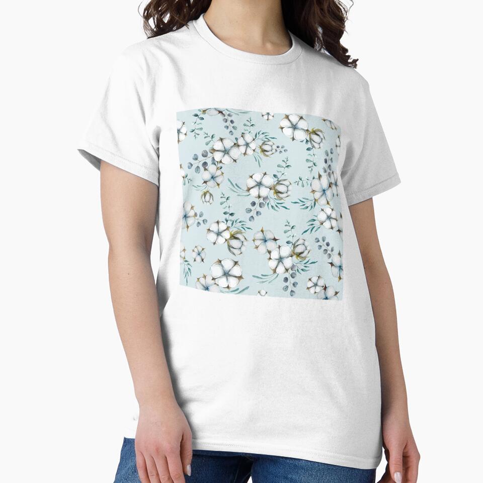 Cotton Flowers and Eucalyptus, watercolor dusty blue botanical pattern by CHERRY,SHOP Unisex , , , Long Sleeve Tee