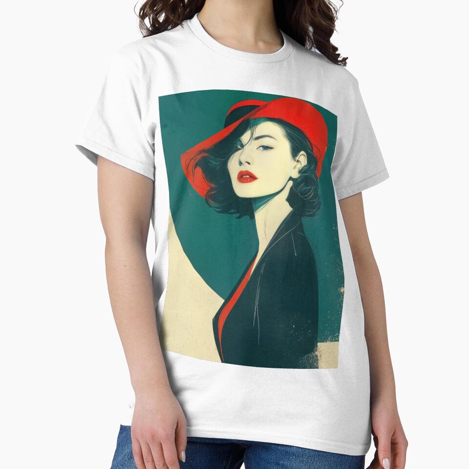 Minimalist Vintage Portrait - Modern Line Art Red Hat Boho Wall Decor by Device VN