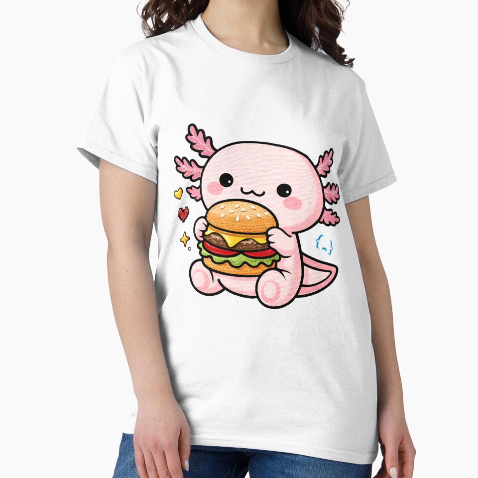 Burger Lover Axolotl – Cute Kawaii Axolotl Eating Burger Embroidery Style by ColorSplash123