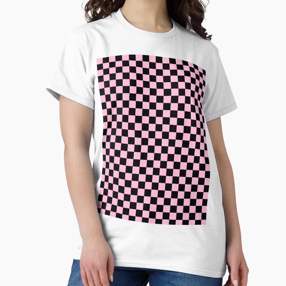 Small Checkered - Black and Cotton Candy Pink by JustPatterns2 Unisex , , , Long Sleeve Tee
