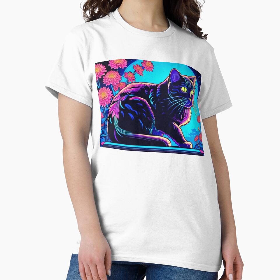 Lunar Cat – Neon Black Cat under a Cyan Full Moon by LEO'S CREATURE　れおずくりーちゃー