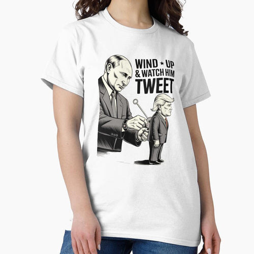 "Wind Up & Watch Him Tweet – Anti-Trump Putin Puppet Political Cartoon T-Shirt" by COWELLM