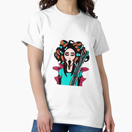 "Colorful Groove: A Guitar-Strumming Woman" by FunnyShopGirl Unisex , , , Long Sleeve Tee