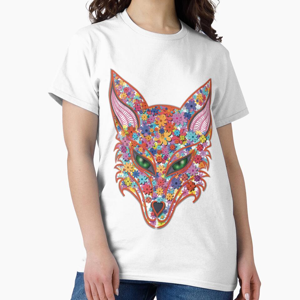 Floral Fox Art – Vibrant Flower Fox Head with Green Eyes by Elizarfa