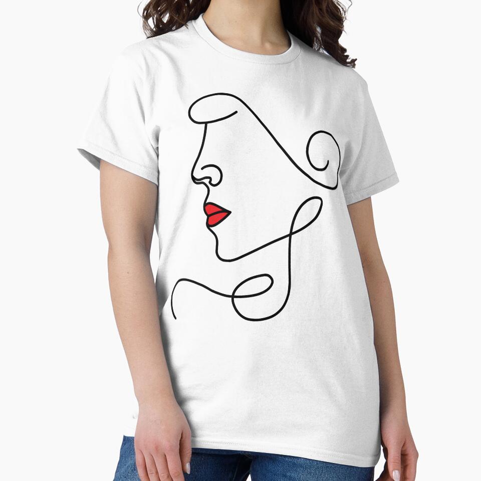 Minimalist Line Art Face with Red Lips | Abstract Woman Drawing Aesthetic by Hannah-Yei