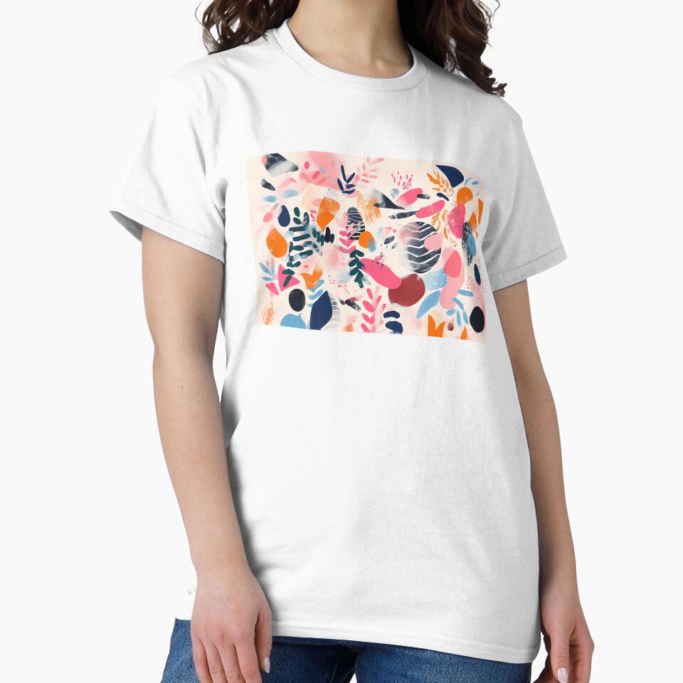 Abstract design featuring bold shapes and vibrant colors, with overlapping patterns of leaves, circles, and splashes in pink, blue, and orange. by Innercosmic