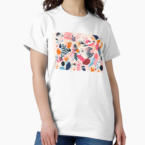 Abstract design featuring bold shapes and vibrant colors, with overlapping patterns of leaves, circles, and splashes in pink, blue, and orange. by Innercosmic