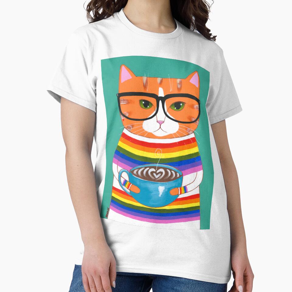Ginger Rainbow Coffee Cat by KilkennyCat Art Unisex , , , Long Sleeve Tee