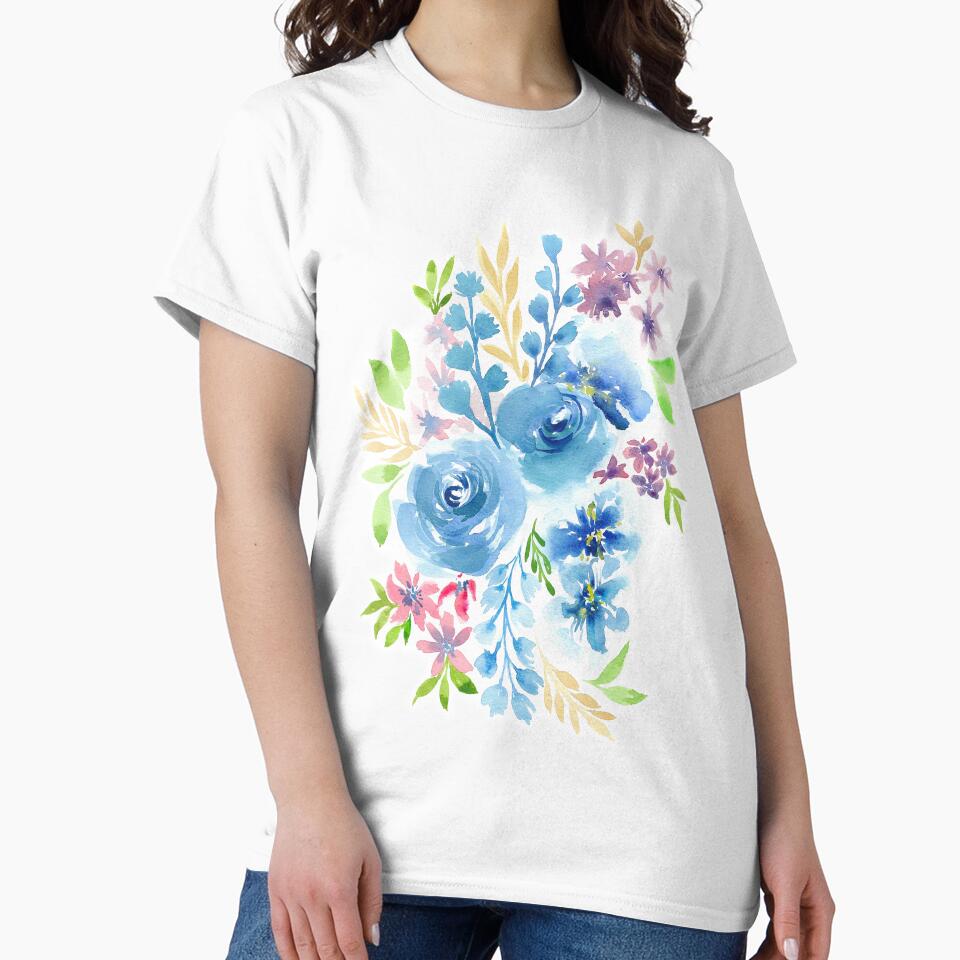 Blue Flowers in Watercolor Painting by MyArt23 Unisex , , , Long Sleeve Tee