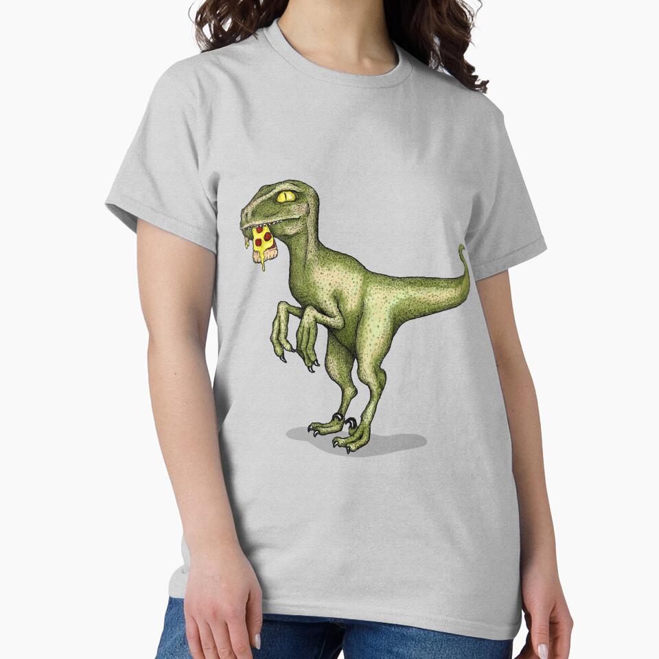 Raptor dinosaur eating pizza slice by agrapedesign Unisex , , , Long Sleeve Tee