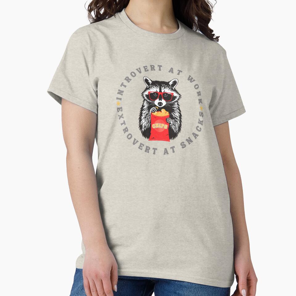 Introvert at Work Extrovert at Snacks, Raccoon and Chips by Shedronpanda Unisex , , , Long Sleeve Tee