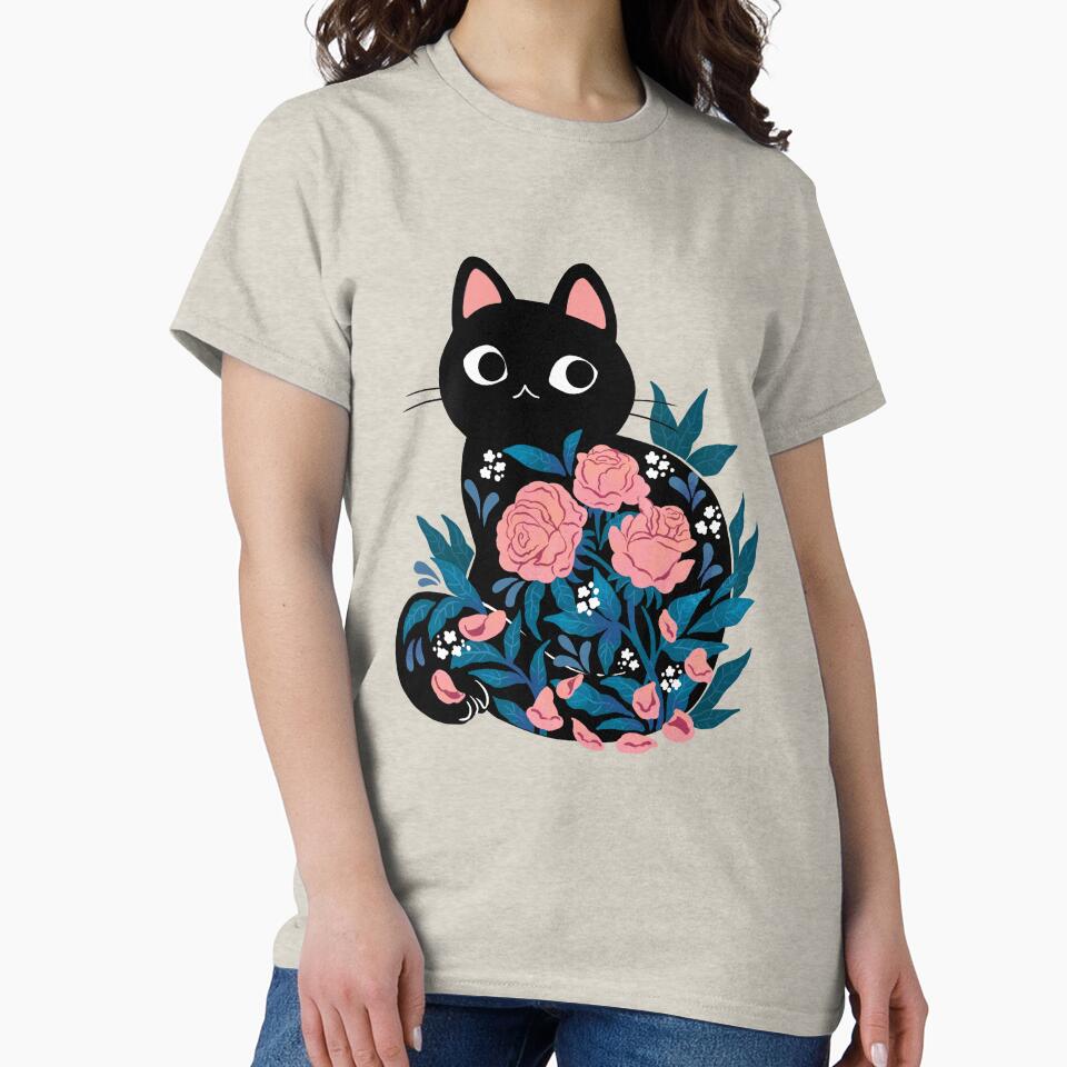 Black cat in Prink Roses by michelledraws Unisex , , , Long Sleeve Tee