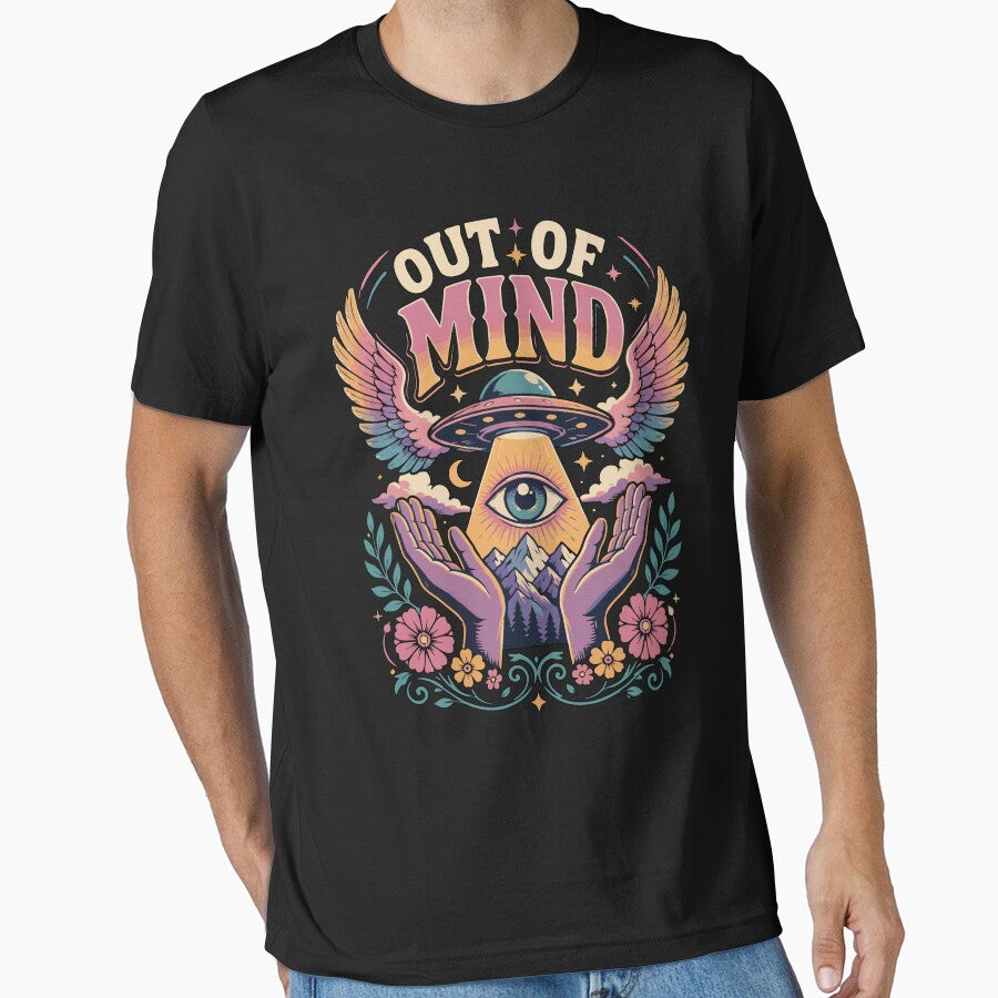 Out of Mind Retro Psychedelic UFO with Cosmic Eye, Celestial Wings, Mystical Flowers and Dreamlike Surreal Space Fantasy Artwork by Huddy-clothes