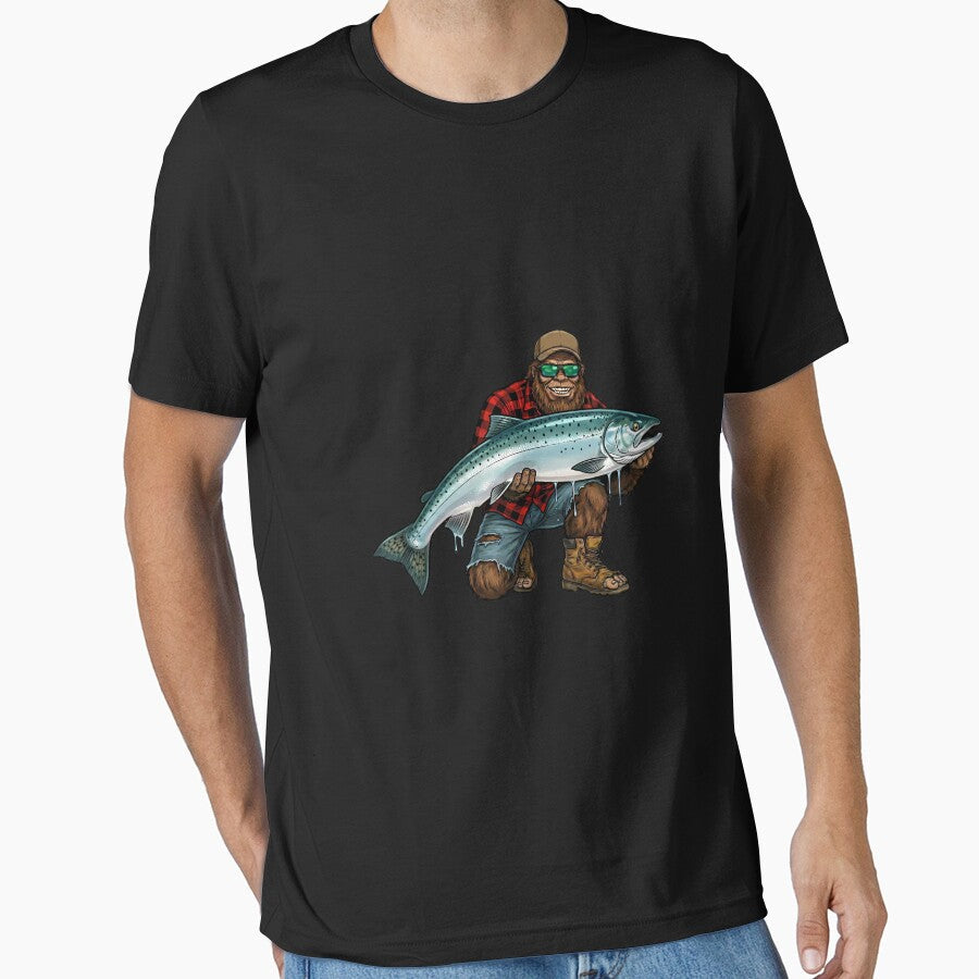 Bigfoot King Salmon Fishing Trophy Funny Sasquatch Fisherman Long Sleeve by mjohnson9 Unisex , , , Long Sleeve Tee