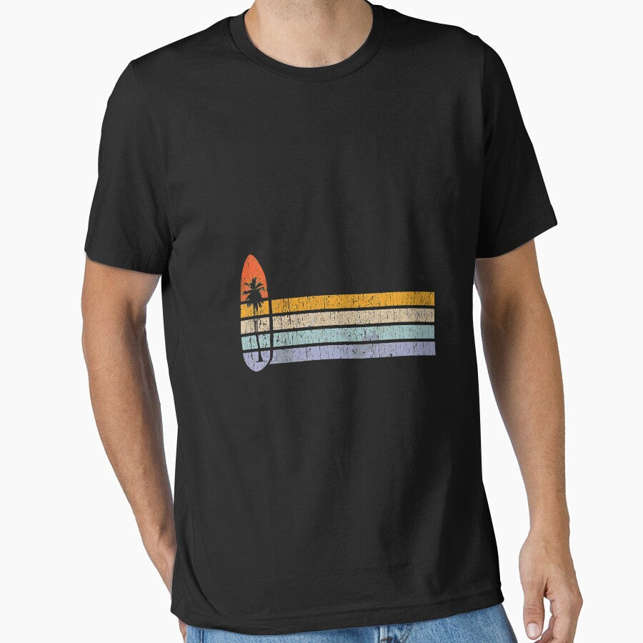Hang 10 Retro Sunset Surfboard Palm Tree Distressed Long Sleeve by allahamher Unisex , , , Long Sleeve Tee