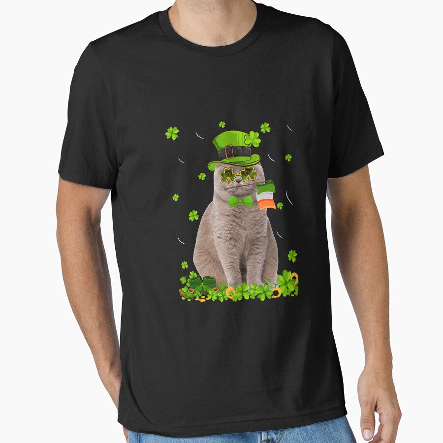 Funny St Patrick's Day Scottish Fold Cat Irish Shamrock Long Sleeve by marcipattysk1i Unisex , , , Long Sleeve Tee