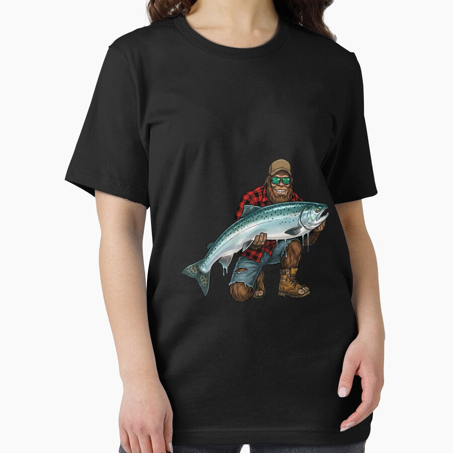 Bigfoot King Salmon Fishing Trophy Funny Sasquatch Fisherman Long Sleeve by mjohnson9 Unisex , , , Long Sleeve Tee