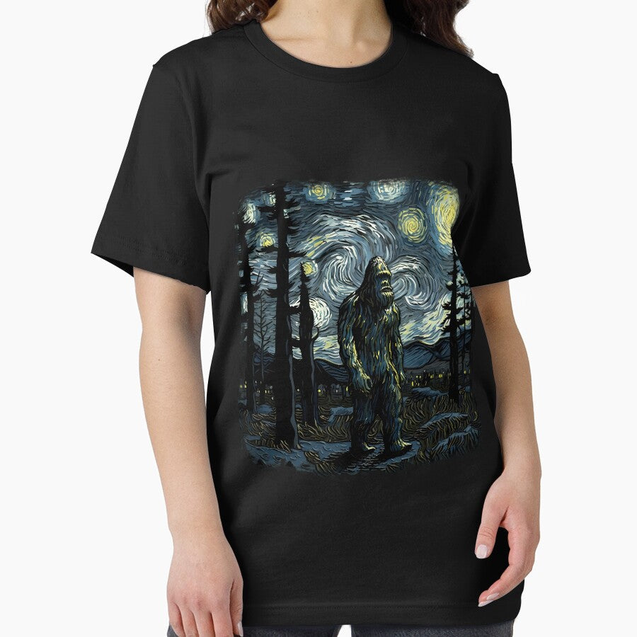 Bigfoot Starry Night Sasquatch Van Gogh Sky Painting Art Long Sleeve by GreggRoss Unisex , , , Long Sleeve Tee