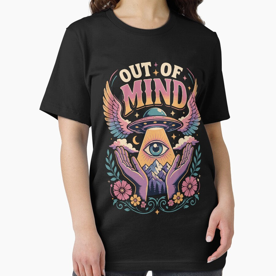 Out of Mind Retro Psychedelic UFO with Cosmic Eye, Celestial Wings, Mystical Flowers and Dreamlike Surreal Space Fantasy Artwork by Huddy-clothes