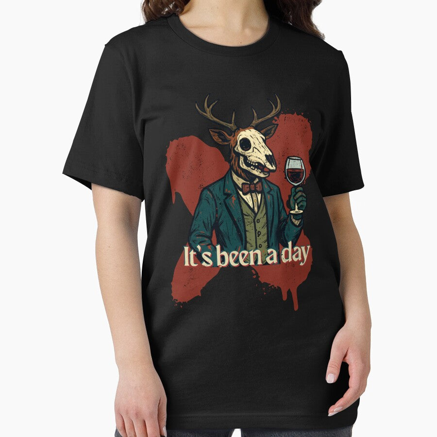 It’s Been a Day – Elegant Deer with Wine Dark Humor Design by tellia-kallisto Unisex , , , Long Sleeve Tee
