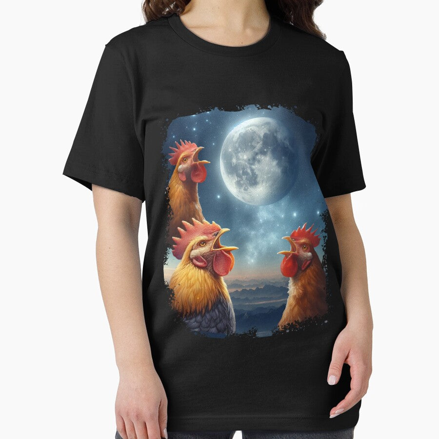 3 Chicken Moon, Funny 3 Chicken Howling Like Wolves by VISIONSTURME Unisex , , , Long Sleeve Tee