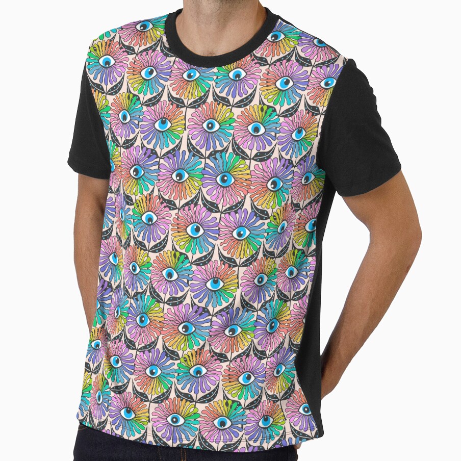 funky flowereyes- fun cool modern retro pattern with groovy psychedelic all seeing rainbow eye blooms by artgeige
