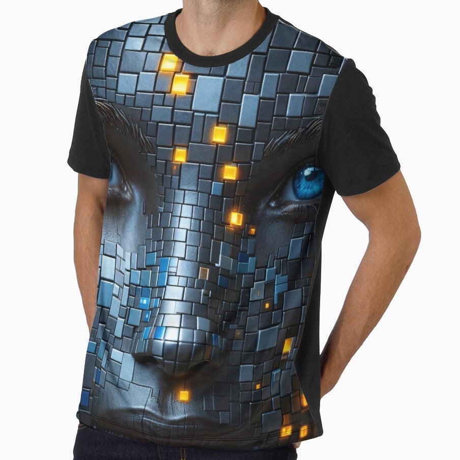 Cyberpunk AI Face Portrait – Blue Eyes Tech Mosaic with Glowing Neon Pixels by Kaleidoscope Print