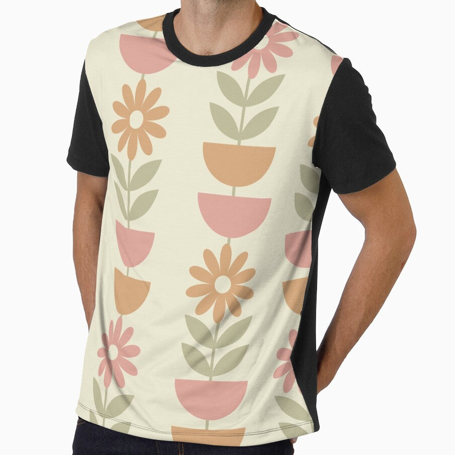 Retro Mid Mod Flowers Pattern with half circles in dusty pink, clay and sage green by Yasminepatterns